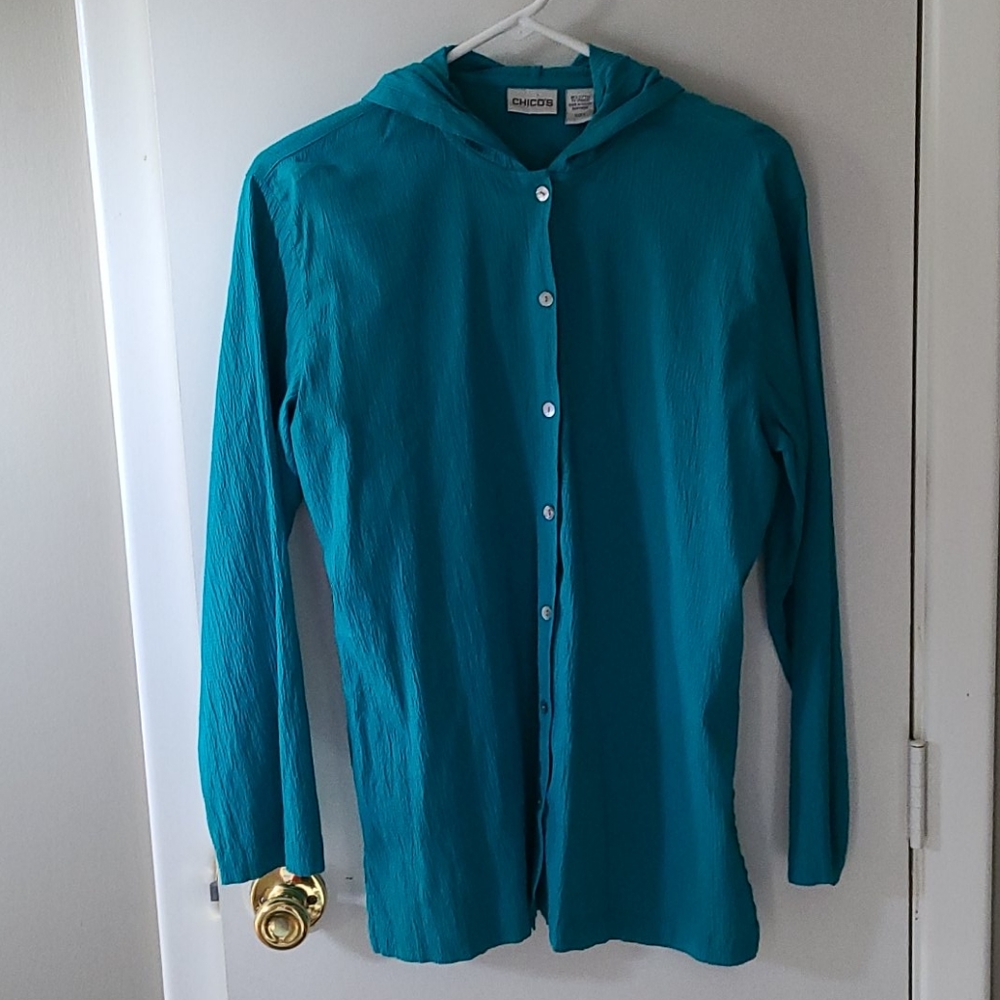 Chico's Turquoise long sleeve blouse with hood
